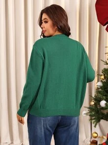 Elaquor Plus Size Appliqué Sequin Button Knit Cardigan Christmas - Green - View 2