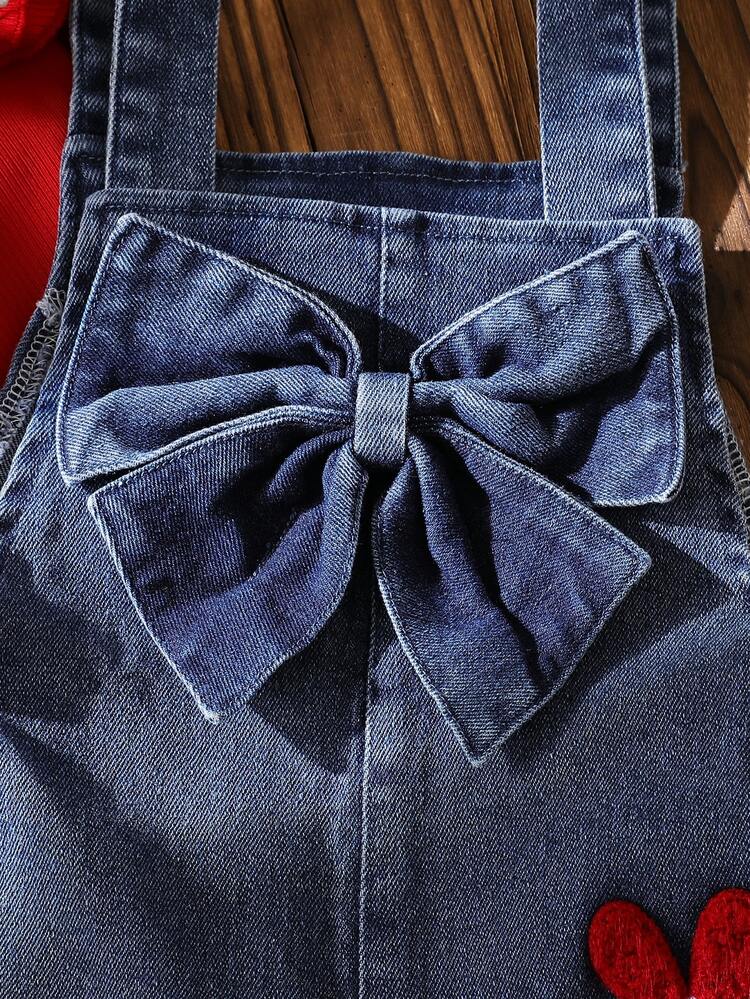 SHEIN Young Girls Cute Chenille Embroidery Flower Denim Overalls, Big Bow Decor Loose Straight Leg Suspend - Medium Wash - View 6