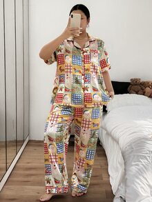 Napfluff CURVE Napfluff CURVE Puzzle Grid Christmas Element Faux Silk Plus Size Short Sleeve Long Pants Lapel Women's Pajama Set - Multicolor - View 4