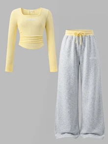 SHEIN 青少年女孩秋冬休閒甜美多巴胺色黃色方領刺繡抓皺長袖T恤與粉色 - 灰色 - 查看 2