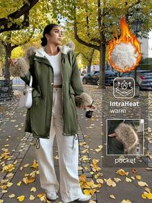 Easura Plus Size Women's Furry Cuff Drawstring Waist Casual Hooded Winter Jacket - Army Green - View 4