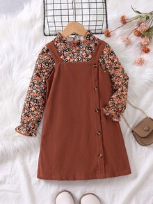 SHEIN Young Girl Fall Winter Outfits 2pcs Floral Mock Neck Ruffle Blouse And Button Side Corduroy Overal - Brown - View 1