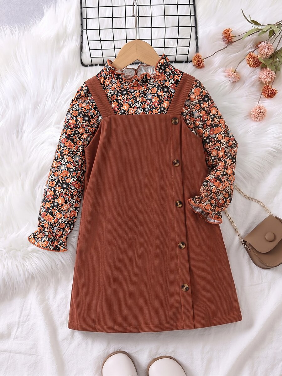 SHEIN Young Girl Fall Winter Outfits 2pcs Floral Mock Neck Ruffle Blouse And Button Side Corduroy Overal - Brown - View 1