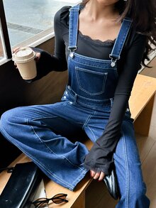 Rivivi 女款休閒寬腿牛仔連身褲，附口袋 - 深色水洗藍 - 查看 7