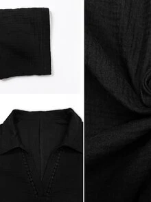 Linhara CURVE Plus Size Minimalist Textured Hollow Out Shirt For Vacation - Black - View 7