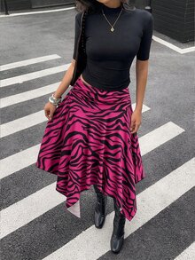 Aloruh 女款秋冬新款低腰不對稱下擺斑馬紋印花裙 文藝復古街頭風 Y2K 服飾 - 玫紅色 - 查看 5
