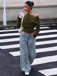 Muchica Women's Contrast Lace Asymmetric Shoulder Long Sleeve Fashion T-Shirt - Army Green - View 4
