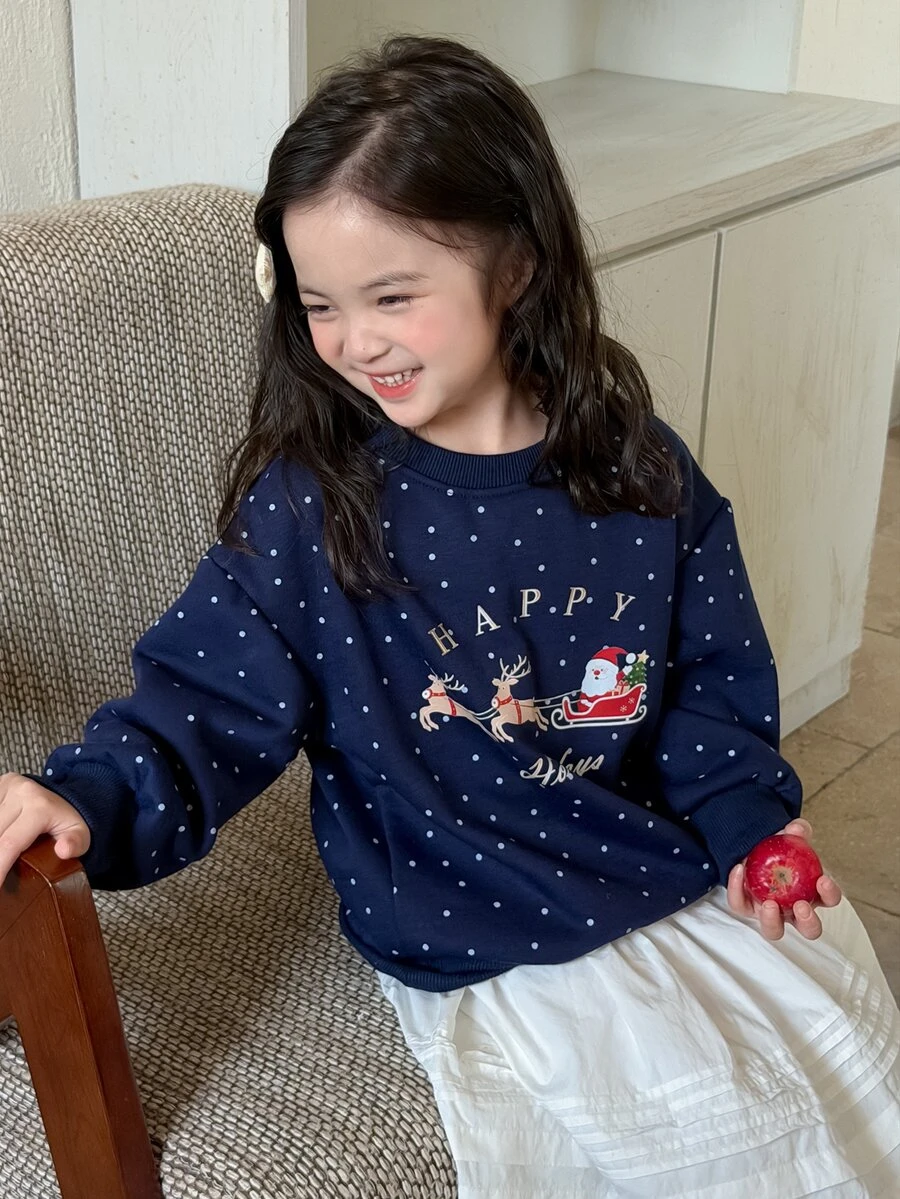 Dazy Kids Young Girl Polka Dot Casual Fairy Princess Pullover Loose Long Sleeve Autumn Thermal Lined Deer Pattern Sweatshirt Christmas 7th Birthday - Navy Blue - View 1