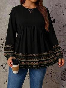Travachic Plus Size Women's Black Boho Chic Geometric Border Print Babydoll Blouse, Crew Neck Long Sleeve Flowy Folkcore Tunic Top For Fall And Winter - Multicolor - View 1