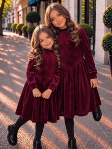 SHEIN Tween Girl Elegant Pleated Long Sleeve Dress For Party - Burgundy - View 1