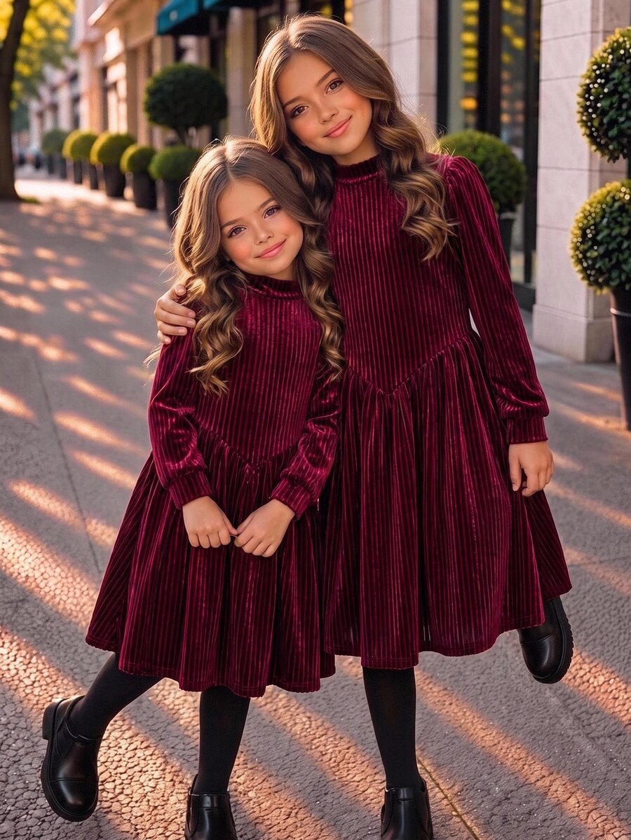 SHEIN Tween Girl Elegant Pleated Long Sleeve Dress For Party - Burgundy - View 1