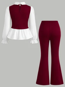 SHEIN Tween Girls Red Colorblock Polo Collar 2-Piece Set, Winter Autumn Back To School Formal Occasion Daily Comfortable Versatile - Red - View 2