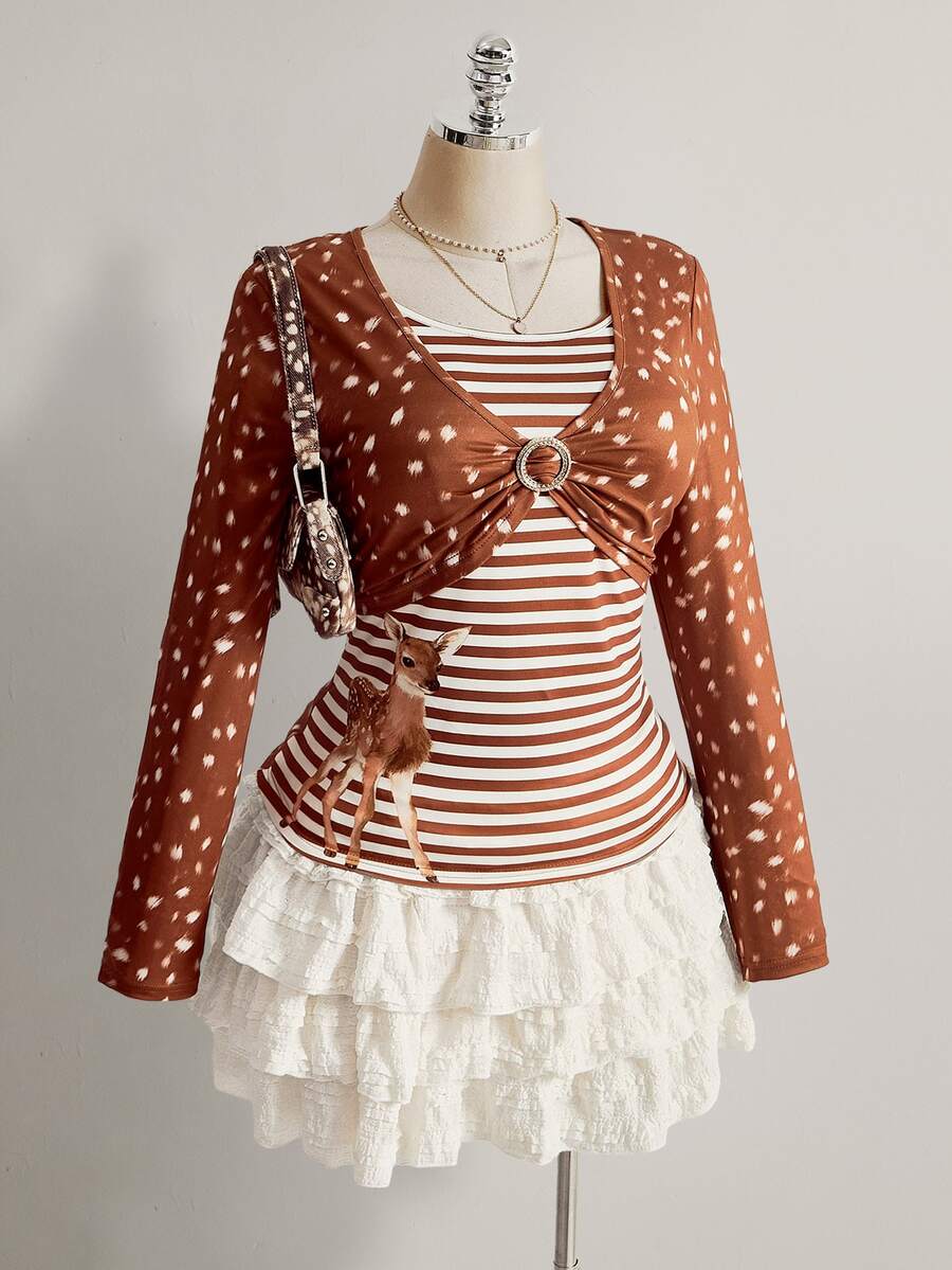 SHEIN ICON Women's Plus Size Brown Striped Deer Print T-Shirt - Brown - View 1