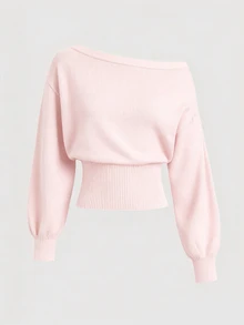 SHEIN 青少年女孩秋冬新款粉色不對稱肩收腰短版毛衣 - 淺粉色 - 查看 3