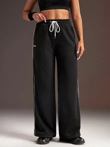 Powerista Women's Drawstring Waist Pocket Loose Casual Sports Long Pants - Black - View 3