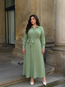 Dazy Plus Autumn New Casual Cinched Waist Tie Solid Color Flared Long Dress - Limelight Green - View 7