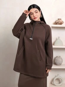 Veilorie Women's Letter Print Denim Zipper Half-Placket Raglan Long Sleeve Casual Sweatshirt - Coffee Brown - View 5