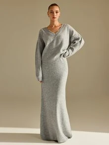 CLARA VERO V Neck Oversize Knit Mermaid Skirt Set, Relaxed Fit, Fall Outings, Below Hip Sweater, Flared Skirt - Grey - View 4