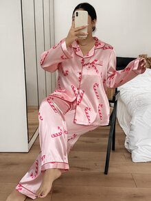 Napfluff CURVE Napfluff CURVE Pink All-Over Print Christmas Candy Cane Plus Size Faux Silk Lapel Long Sleeve Long Pants Pajama Set - Pink - View 3