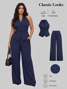Sweetra Bộ 2 món áo blouse cạp nút size lớn và quần túi kẻ sọc - Màu xanh hải quân - Xem 1