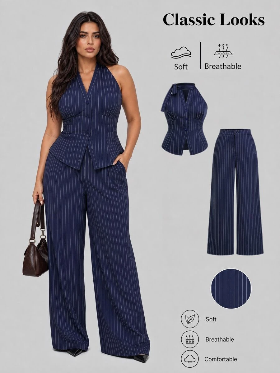Sweetra Bộ 2 món áo blouse cạp nút size lớn và quần túi kẻ sọc - Màu xanh hải quân - Xem 1