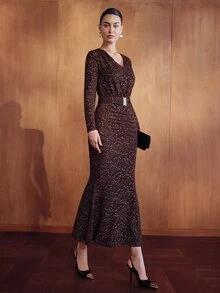 MOTF PREMIUM WOMEN'S LUXURY SEQUIN V-NECK FISHTAIL HEM DRESS - Rust Brown - View 5