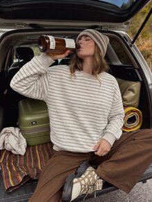 WanderVale Women's Outdoor Sports Casual Striped Print Fabric Patchwork Ribbed Khaki Crew Neck Pullover Long Sleeve T-Shirt, Suitable For Outdoor Sports Wear - Khaki - View 1