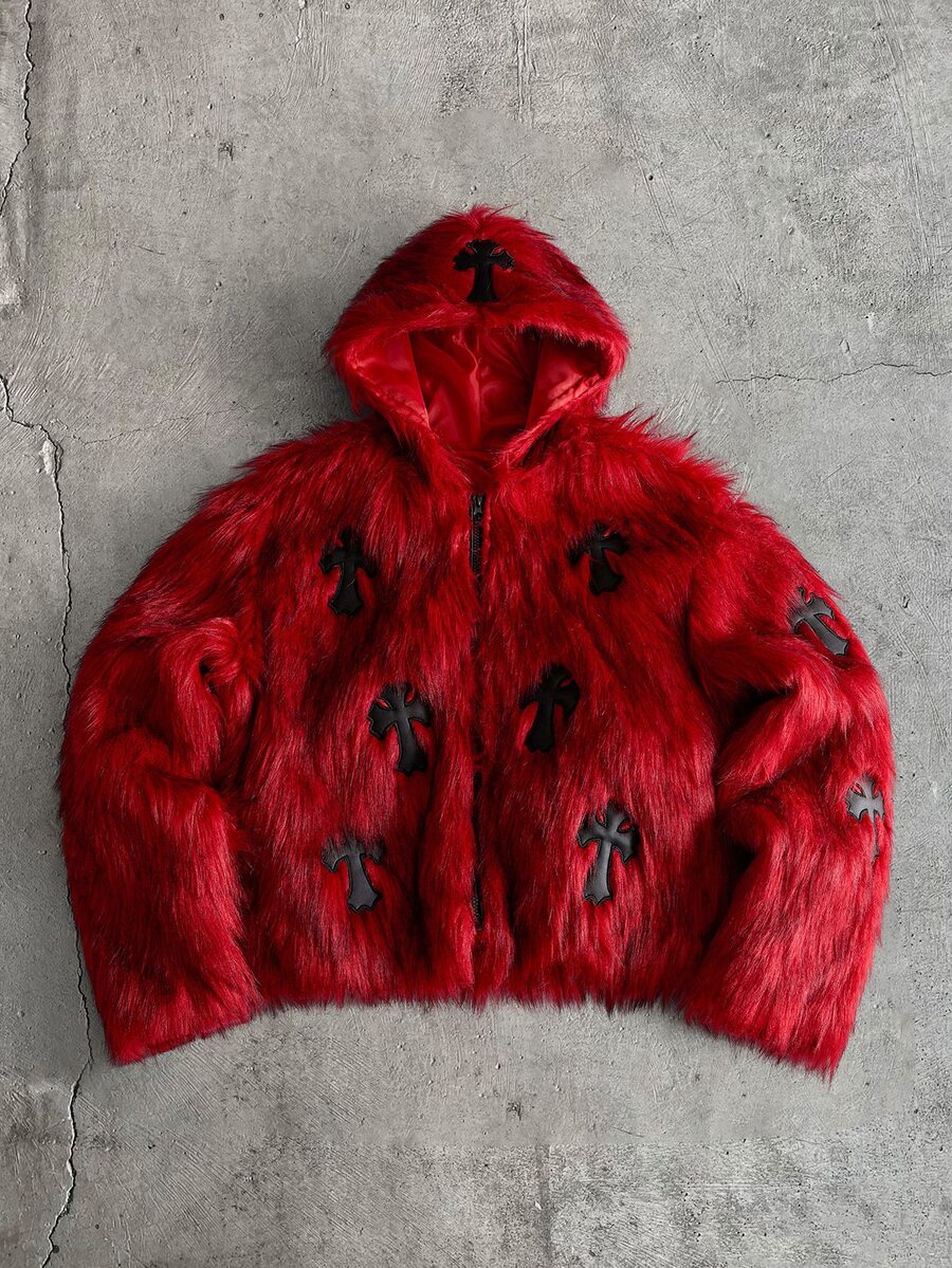 AXEPEAK 男士休閒人造毛皮刺繡夾克 - 紅色 - 查看 1