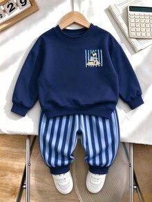 2件組男童休閒時尚圓領衛衣與運動長褲套裝，長袖圓領春夏秋假日派對套裝，適合假日聚會與派對，舒適隨興，5-15°C男孩春秋冬首選，春秋冬街頭穿搭，開學與聚會休閒穿搭 - 彩色 - 查看 4