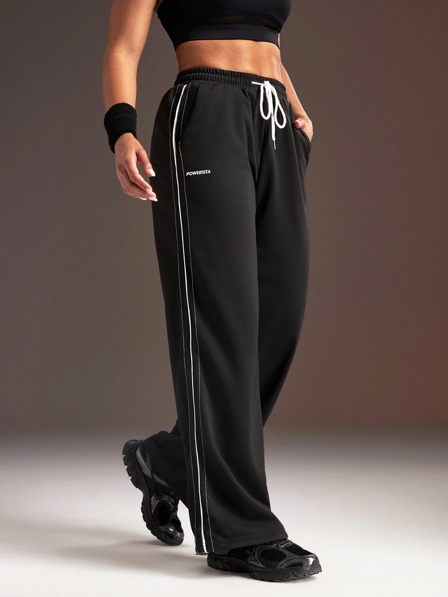 Powerista Women's Drawstring Waist Pocket Loose Casual Sports Long Pants - Black - View 1