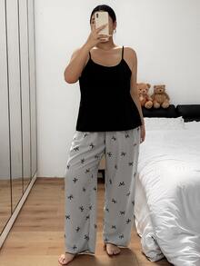 Napfluff CURVE Napfluff CURVE Grey Striped Bow Print Soft Bubble Crinkle Fabric Contrast Color Plus Size Women's Cami Pants And Robe Pajama 3 Pieces Set - Grey - View 5