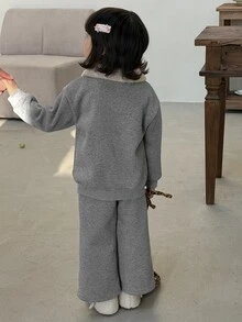 Dazy Kids Infant (Girl) Contrast Color Lapel Long Sleeve Korean Style 2 Pieces Sweatshirt Set - Grey - View 2