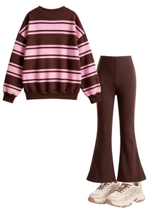 Girls Sweet Cherry Print 2 Pieces Set, Round Neck Long Sleeve Top + Elastic Waist Flared Pants, Casual Outfit For Tween Girl - Multicolor - View 3