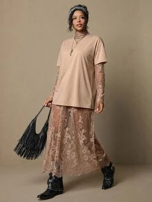 Freevana 大尺碼波希米亞復古風黑色蕾絲洋裝，優雅百搭日常穿著，春季新款派對女裝，網紗透視長洋裝，適合秋季 - 卡其色 - 查看 8