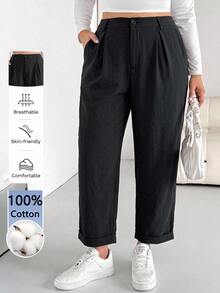 SHEIN Essnce 休閒大尺碼黑色鈕扣口袋長褲 - 黑色 - 查看 1