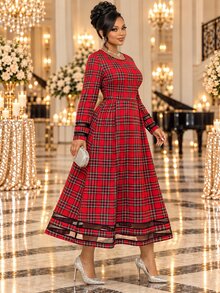 Fleurora Plus Size Fashion Plaid Pleated Long Sleeve Dress - Red - View 5