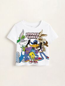 LOONEY TUNES X SHEIN 男嬰字母卡通印花短袖休閒上衣 - 白色 - 查看 7