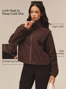 OutZeal Women Outdoor Fleece Gym Casual Stand Collar Relax Fit Zip Up Jacket Winter Fall - Coffee Brown - View 2