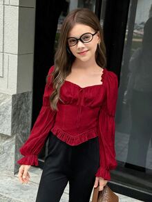 SHEIN Girlism 青少年女孩白色休閒百搭方領露肩百褶泡泡袖短版上衣，春夏新品 - 酒紅色 - 查看 6