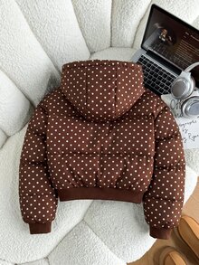 SHEIN 青少年女孩冬季新款黑色保暖內裡連帽短版羽絨外套 - 棕色 - 查看 2