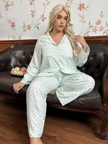 CottageSlumber Plus Size Women's Fresh Geometric Print Open Front Long Sleeve Long Pants Pajama Set - Mint Green - View 5