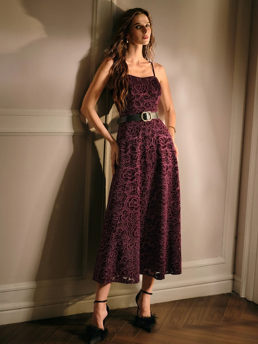 MOTF FRENCH ROMANTIC STYLE PREMIUM JACQUARD ELEGANT SPAGHETTI STRAP WOMEN'S DRESS - Red Violet - View 1