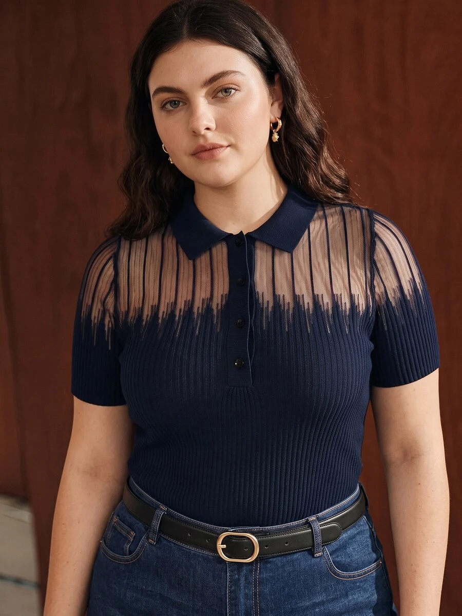 Anewsta Plus Size Women's Mesh Patchwork Casual Daily Knit Top - Navy Blue - View 1