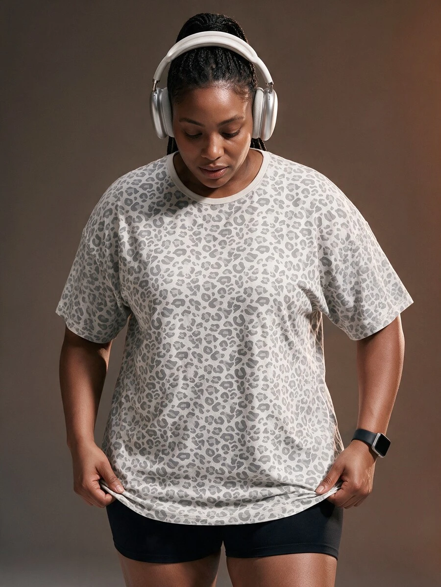 Powerista Women's Plus Size White & Grey Leopard Print Short Sleeve Sports T-Shirt - White - View 1