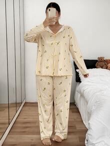 Napfluff CURVE Napfluff CURVE Romantic Pastoral Style Lemon Striped Print Long Sleeve Pants Plus Size Pajama Set - Yellow - View 1