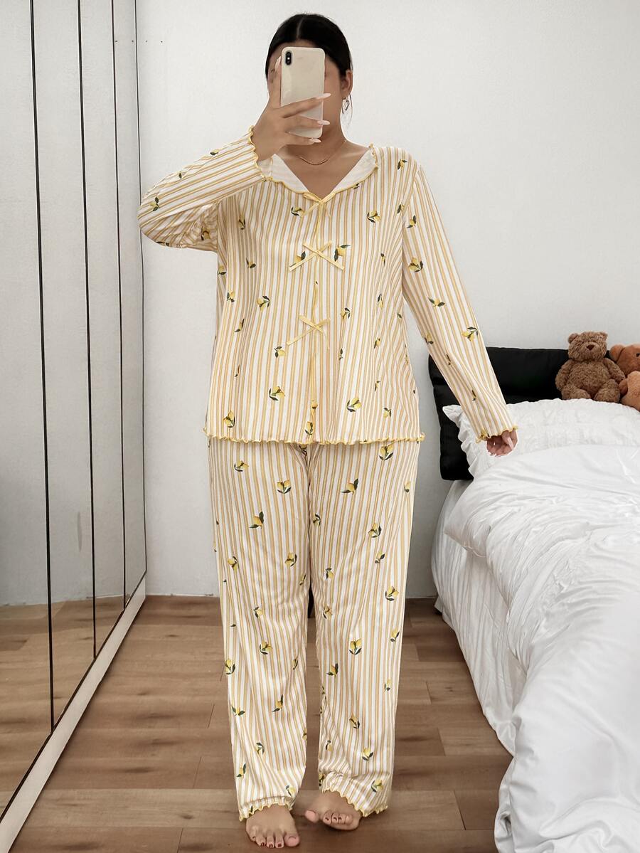 Napfluff CURVE Napfluff CURVE Romantic Pastoral Style Lemon Striped Print Long Sleeve Pants Plus Size Pajama Set - Yellow - View 1