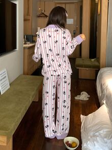 DAZY Women's 2-Piece Pajama Set With Cat Striped Contrast Color Lapel Loose Cardigan Long Sleeve Top And Straight Leg Long Pants - White - View 2