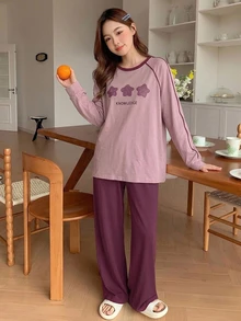 DAZY 極簡星星印花寬鬆短袖上衣與長褲 2 件組女款居家休閒服 - 紫色 - 查看 5