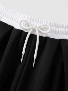 SHEIN 青少年女孩純色抽繩腰休閒百搭日常穿著長褲 - 黑色 - 查看 4