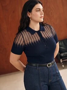 Anewsta Plus Size Women's Mesh Patchwork Casual Daily Knit Top - Navy Blue - View 6
